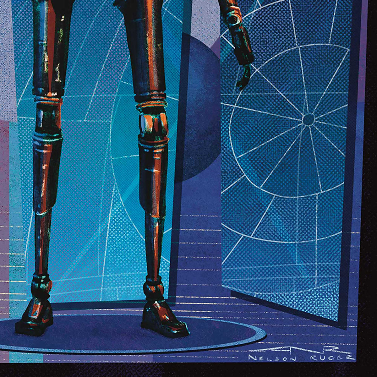 close up of k2so star wars artwork showing geometric illustration details texture and layered mid-century modern colors