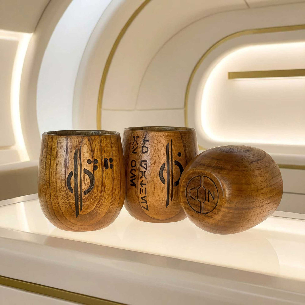 Set of Kar’tam Cups displayed in Starcruiser-inspired interior environment