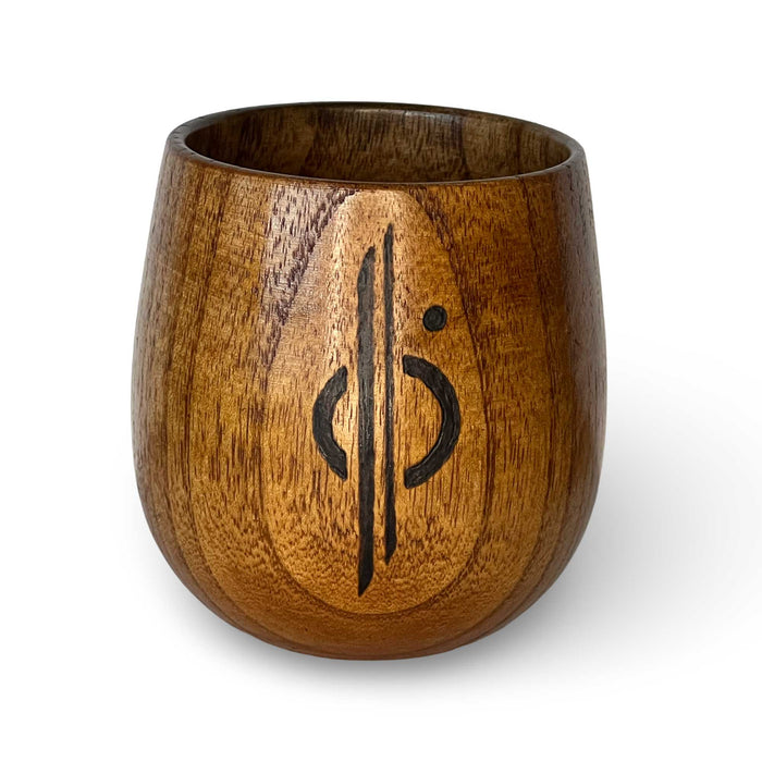 Handcrafted wooden Kar’tam cup featuring Chandrilla Star Line symbol burned into the side