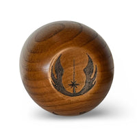 Bottom of wooden Kar’tam cup featuring Saja Jedi faction symbol burned into base