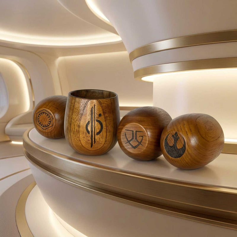 Kar’tam wooden ritual cups displayed inside a Starcruiser-inspired Halcyon interior