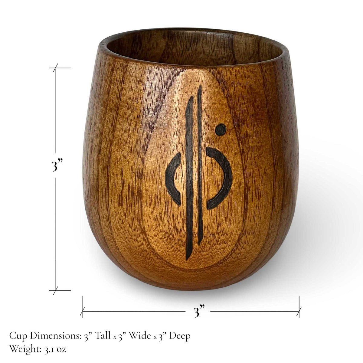 Wooden Kar’tam cup showing 3 inch height and width dimensions for Halcyon Voyage set