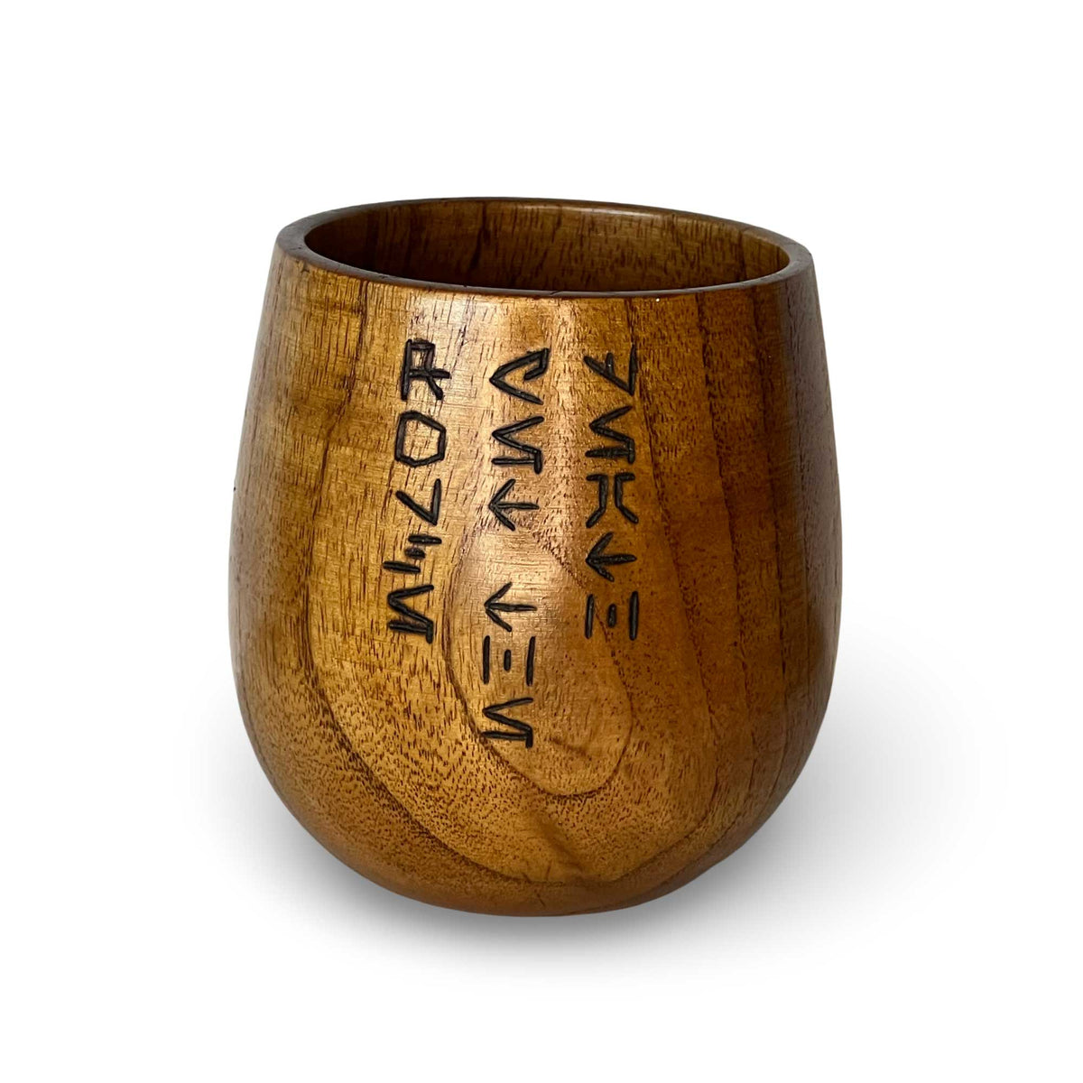 Kar’tam wooden cup burned with the Jedi Code tenet "Death yet the Force" in Aurebesh
