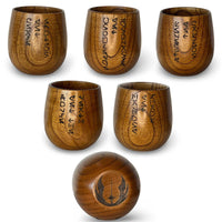 Kar’tam Jedi Code wooden cups showing five different Aurebesh tenets, each cup uniquely hand burned