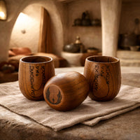 Handcrafted wooden Kar’tam cups with Jedi Code markings shown in a calm, ritual-inspired interior setting