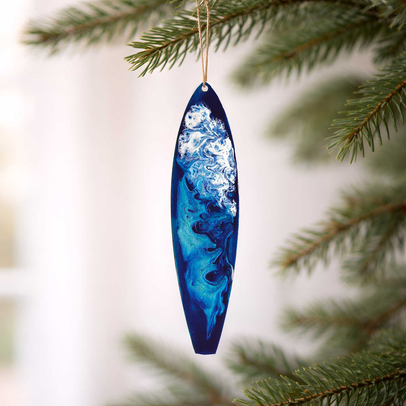Kauai surfboard ornament hanging on christmas tree