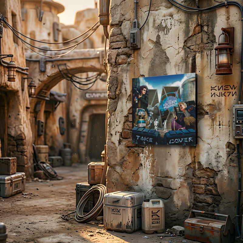 Kyberpunks Take Cover album art displayed on wall in Batuu inspired alleyway environment with weathered textures and sci fi street details
