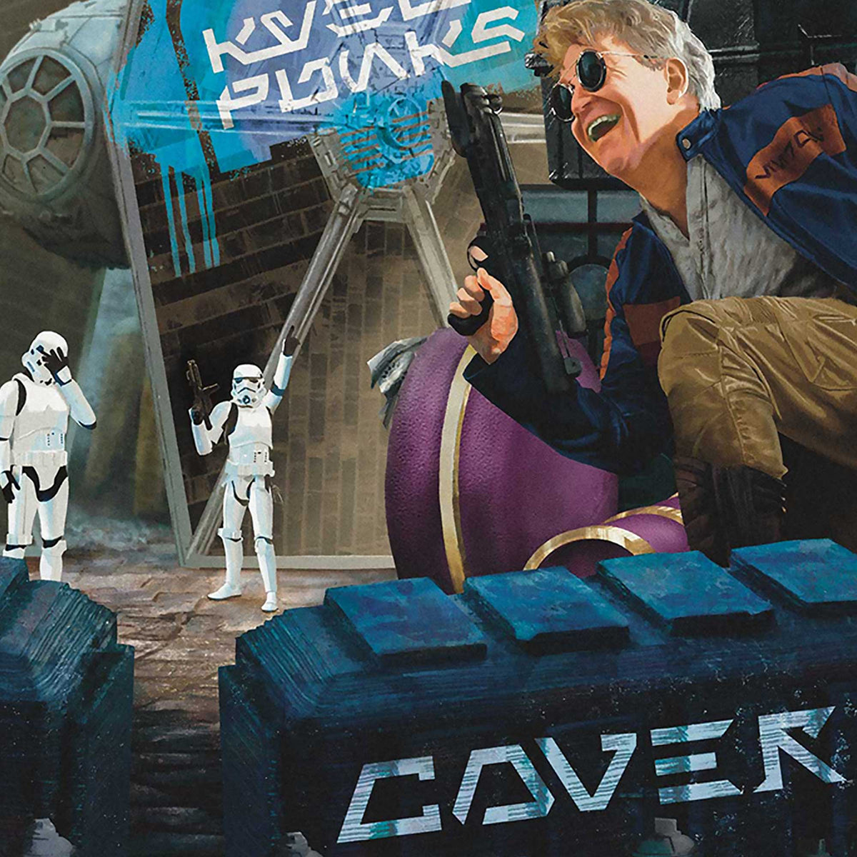Close up of Kyberpunks album art showing Dan laughing with spray painted logo and stormtroopers reacting