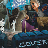 Close up of Kyberpunks album art showing Dan laughing with spray painted logo and stormtroopers reacting