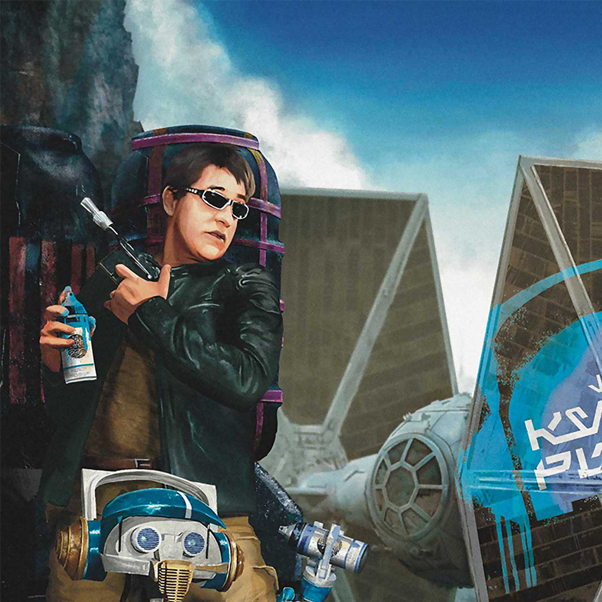 Close up detail of Kyberpunks album art showing Jude character and droid with tie fighter background