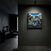 Kyberpunks Take Cover album art metal print in dark modern interior with spotlight lighting and dramatic shadows
