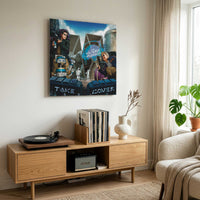 Kyberpunks Take Cover album art displayed in modern coastal living room with record player and natural light
