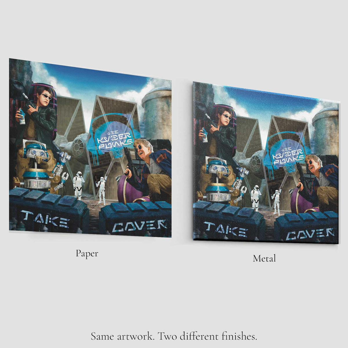 Kyberpunks Take Cover album art comparison showing paper print and metal print finishes side by side