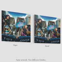 Kyberpunks Take Cover album art comparison showing paper print and metal print finishes side by side