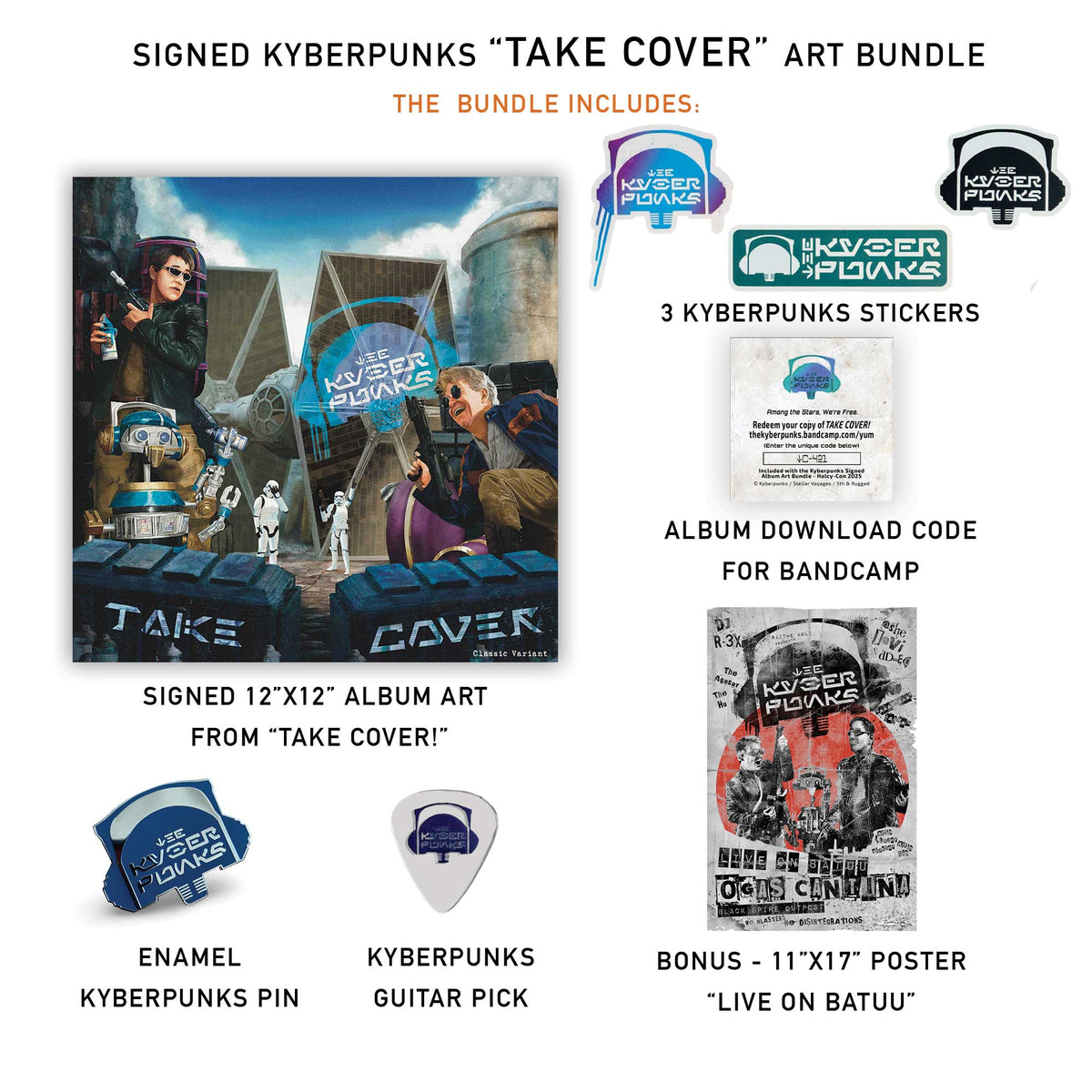 Kyberpunks Take Cover bundle contents including signed print stickers pin and poster