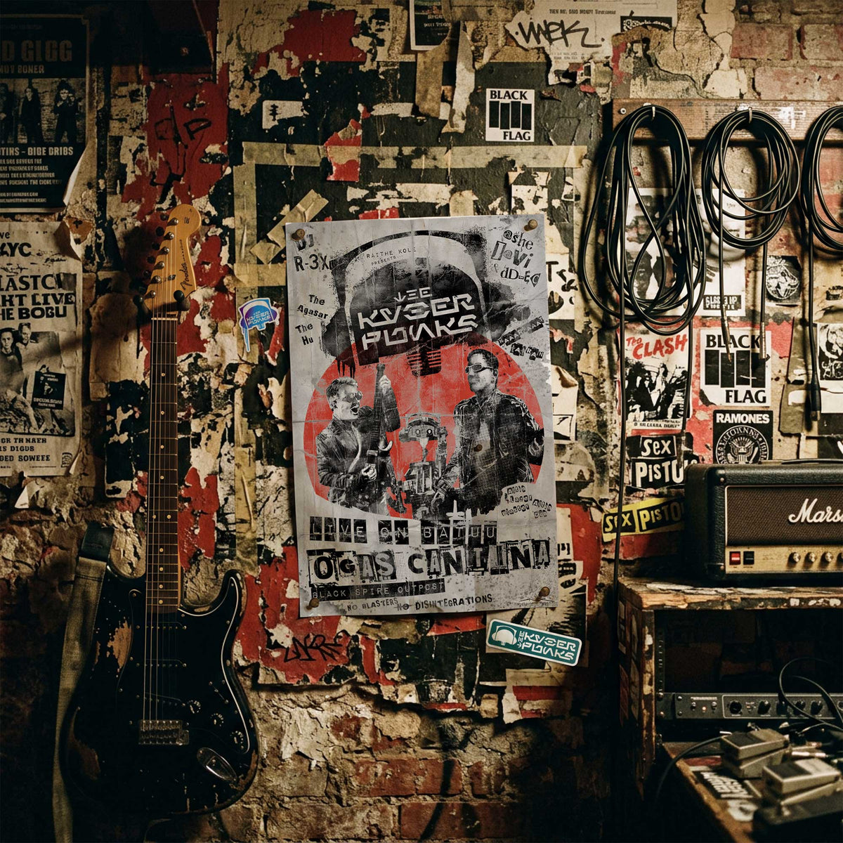 Live on Batuu Kyberpunks poster displayed in gritty music studio wall setting