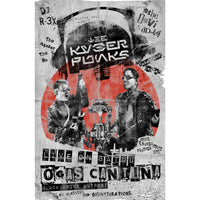 Vintage-style Kyberpunks “Live on Batuu” Star Wars punk-rock poster print by Nelson Ruger featuring Dan, Jude, and their droid B-3 performing at Oga’s Cantina.