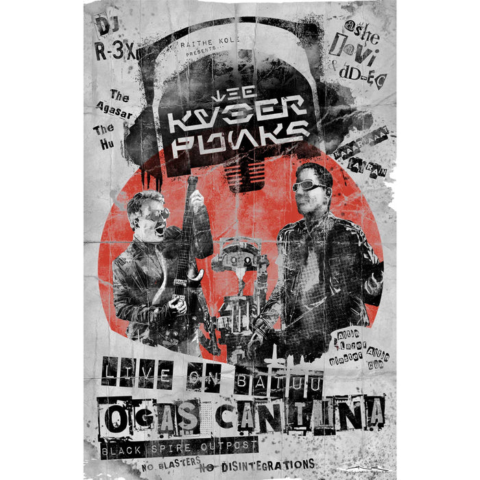 Vintage-style Kyberpunks “Live on Batuu” Star Wars punk-rock poster print by Nelson Ruger featuring Dan, Jude, and their droid B-3 performing at Oga’s Cantina.