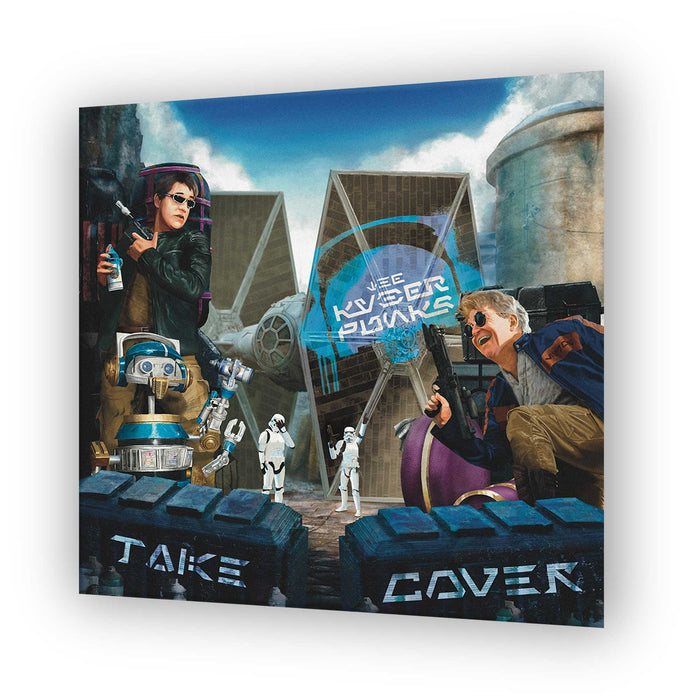 Kyberpunks Take Cover album art print featuring band hiding behind crates with graffiti logo in a Star Wars inspired scene