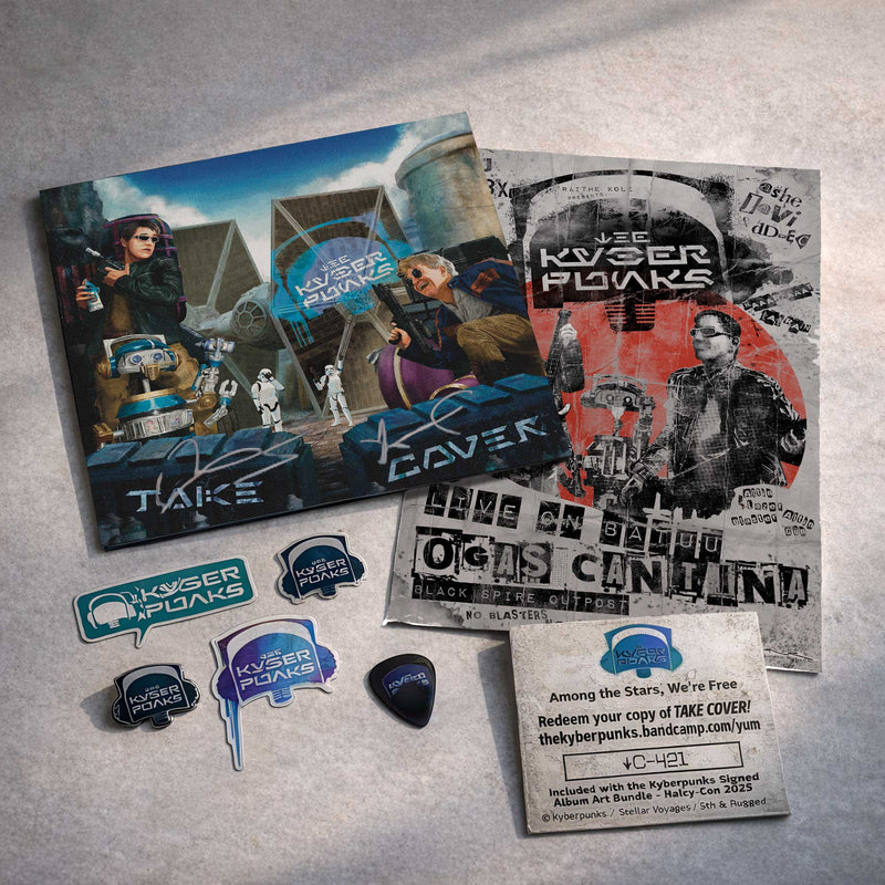 Flat lay of Kyberpunks Take Cover signed album art bundle with poster stickers pin guitar pick and Bandcamp download card