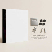 Included mounting hardware for Legacy acrylic and metal wall art prints showing floating mount system and installation components