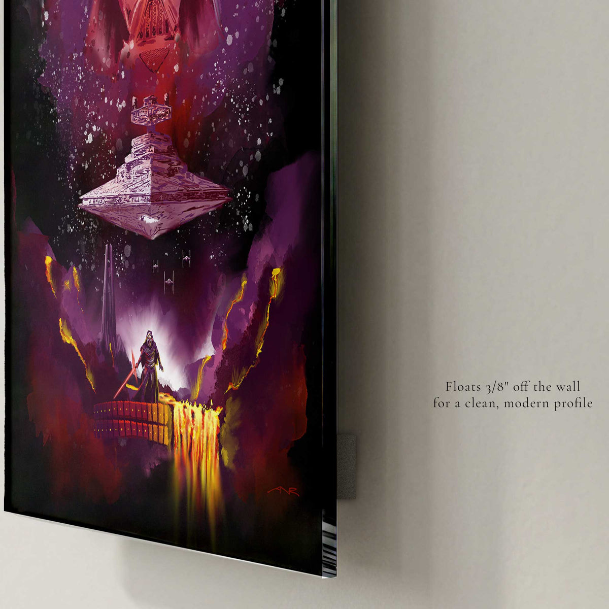 Close-up of Legacy acrylic wall art print floating slightly off the wall with glossy edge detail and modern mounting profile