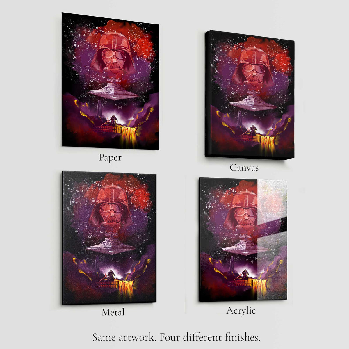 Star Wars art print shown on paper, canvas, metal, and acrylic surface options