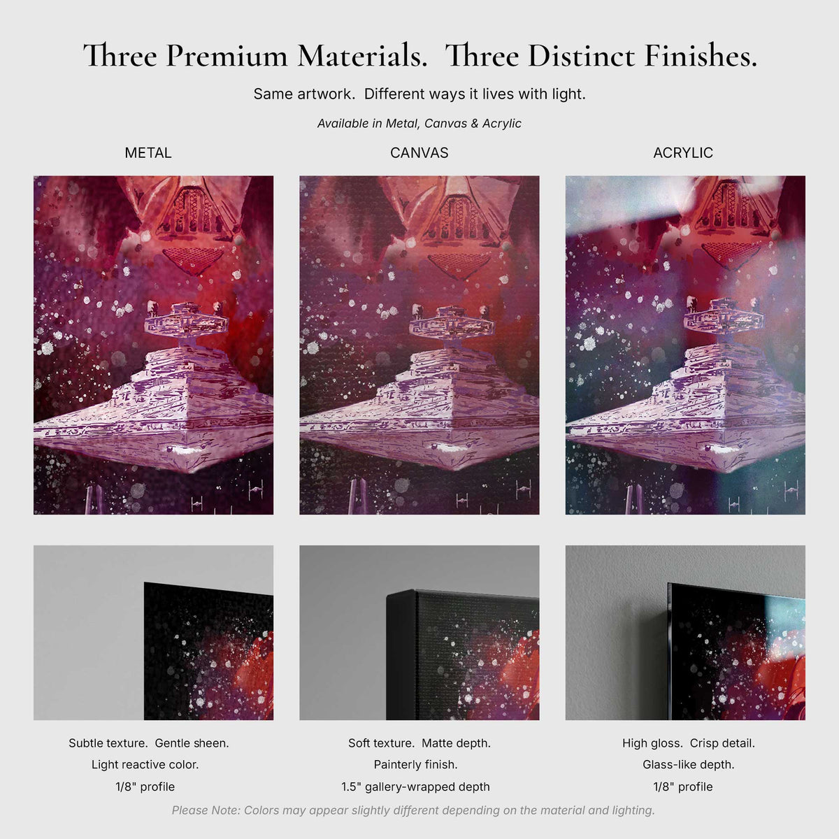Close-up comparison of Legacy artwork printed on metal, canvas, and acrylic showing texture, gloss, and edge profile differences