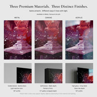 Close-up comparison of Legacy artwork printed on metal, canvas, and acrylic showing texture, gloss, and edge profile differences