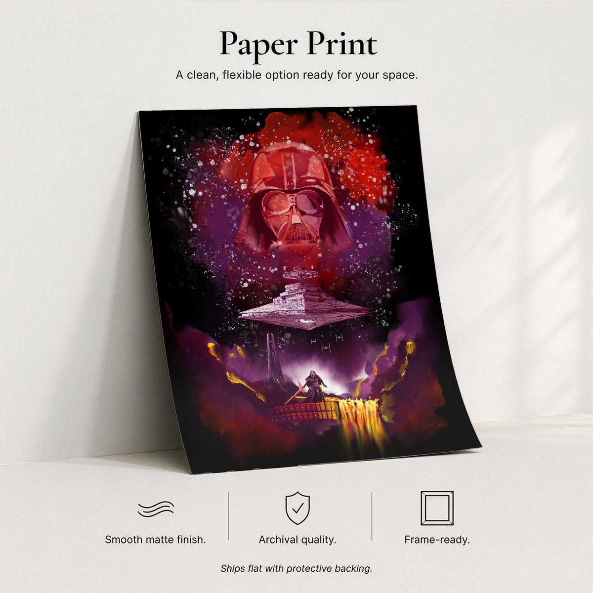 Legacy Star Wars artwork shown as archival matte paper print with flexible frame-ready presentation