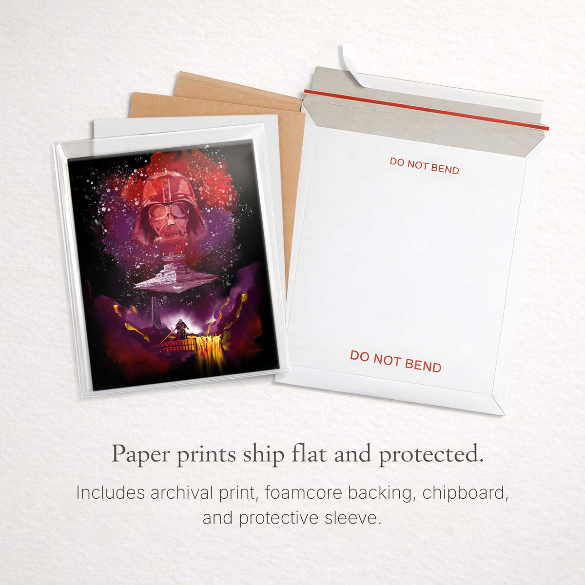 Legacy paper print with packaging showing chipboard and foam core protection with a flat mailer.