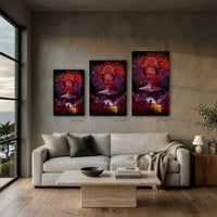 Legacy Star Wars wall art shown in multiple large format sizes above a modern coastal living room sofa