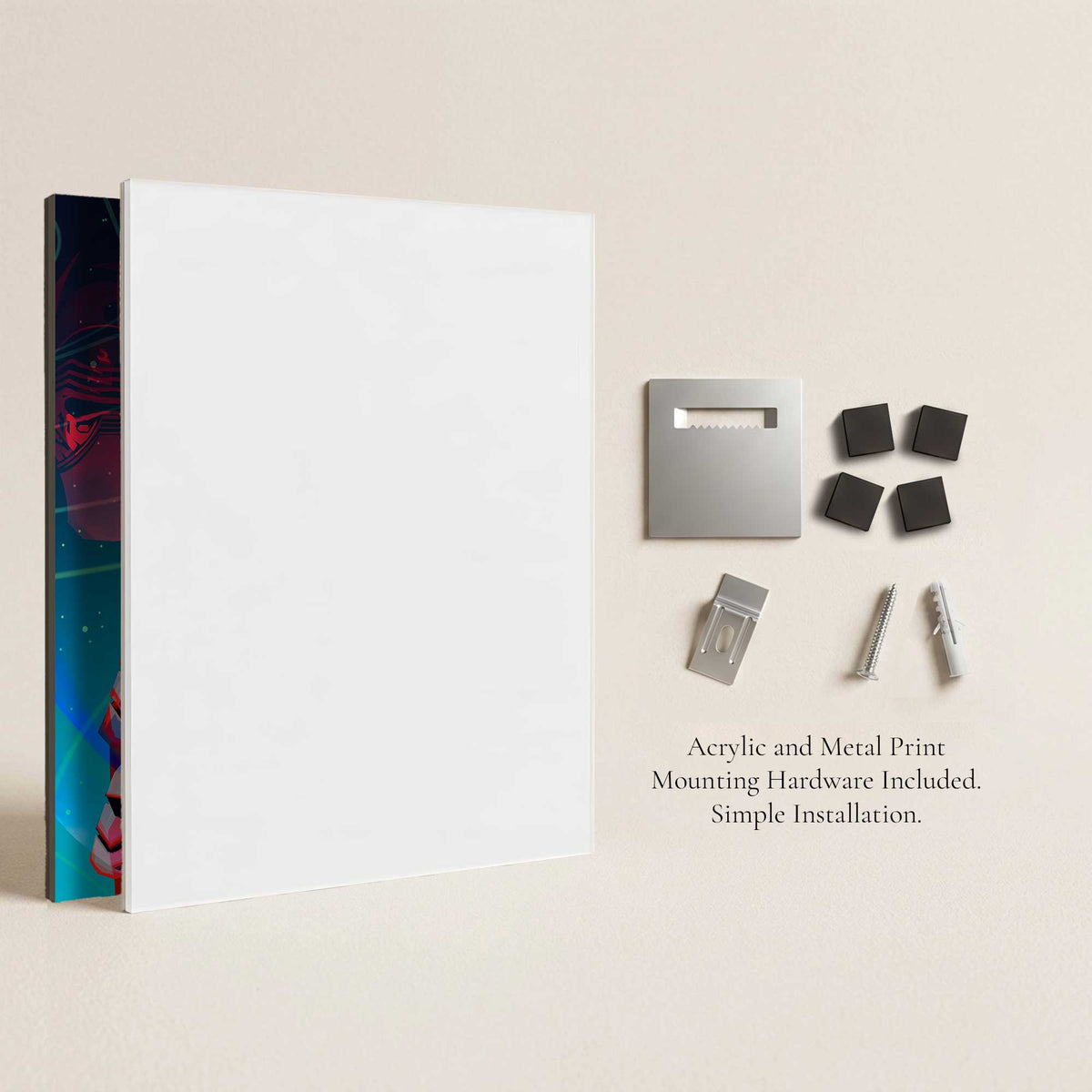 Acrylic and Metal Print back shown with included hanging hardware