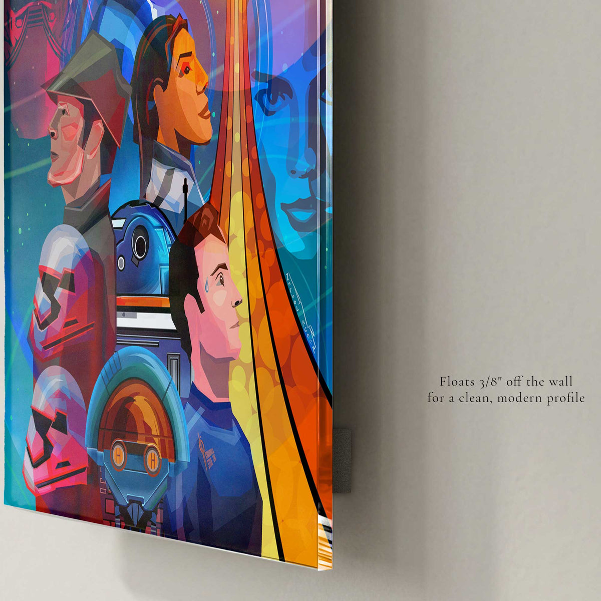 Galactic starcruiser artwork print acrylic finish and artwork hung, floating, on a wall