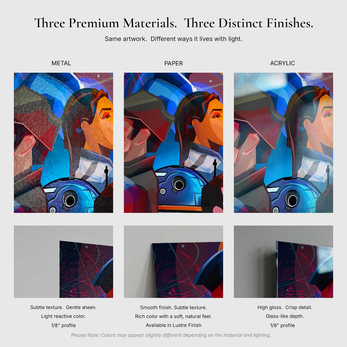 Galactic starcruiser artwork print comparison showing paper acrylic and metal finishes and edges