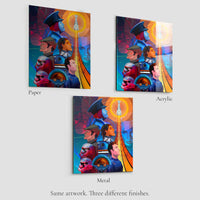 Galactic starcruiser artwork print comparison showing paper acrylic and metal finishes