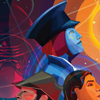 Detail of galactic starcruiser artwork featuring Captain Keevan and Halcyon crew