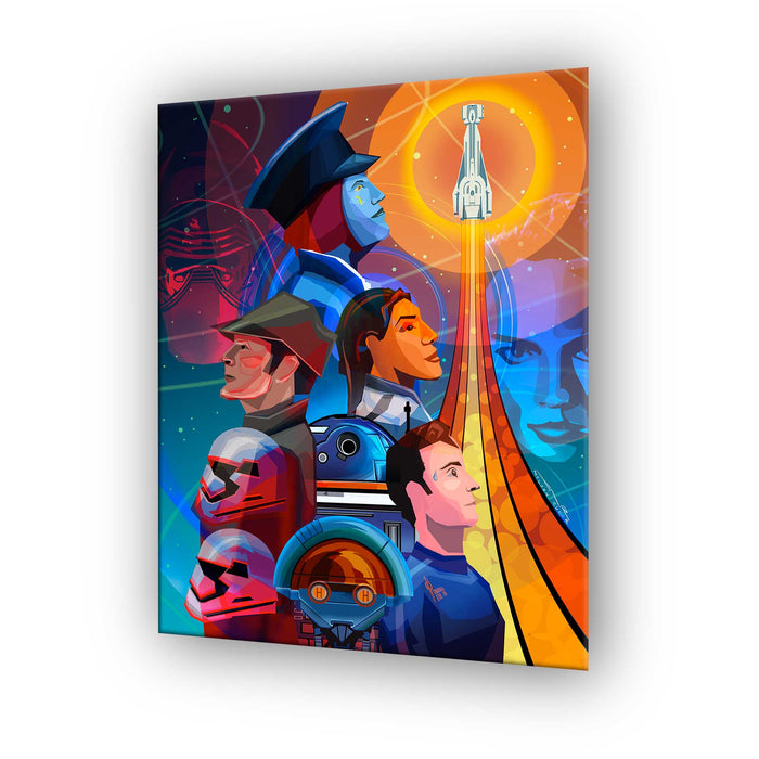 Legends galactic starcruiser tribute art print featuring Halcyon crew and First Order characters