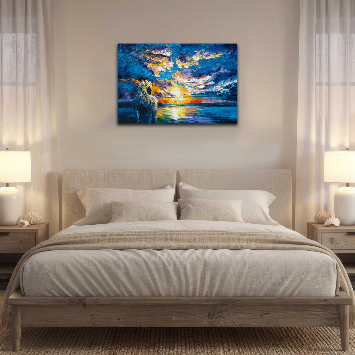 Coastal sunset canvas art above bedroom bed