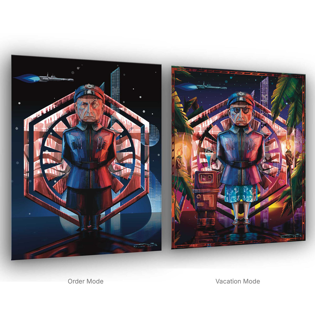 Lieutenant Croy art print showing First Order officer and tropical vacation version on Galactic Starcruiser Halcyon