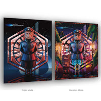 Lieutenant Croy art print showing First Order officer and tropical vacation version on Galactic Starcruiser Halcyon
