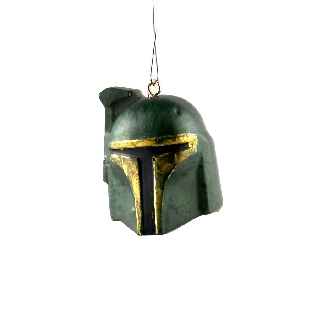 Green Mandalorian helmet holiday ornament inspired by Boba Fett, handmade resin Christmas decoration.