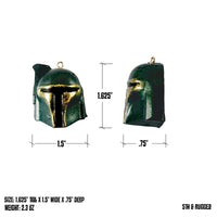 Size chart for Boba Fett–inspired Mandalorian helmet holiday ornament showing height, width, and depth.