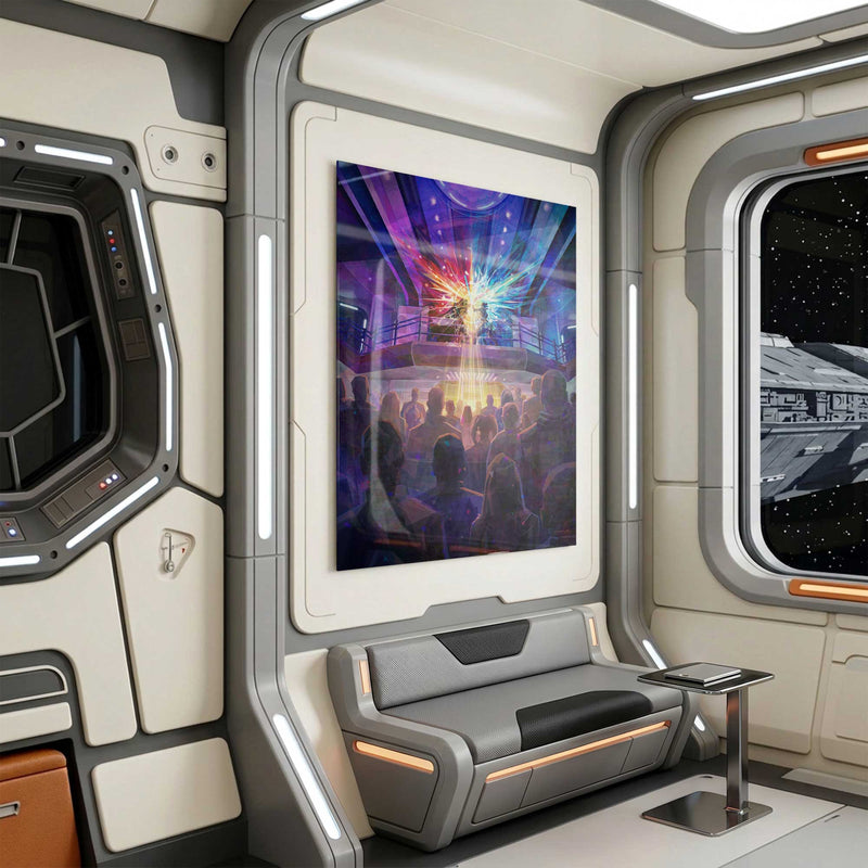 A Moment of Many Paths Halcyon-inspired acrylic art print displayed in a Starcruiser-style lounge interior
