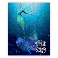 Mermaid art mini puzzle featuring Be a Mermaid in a Sea of Fish artwork, 110 piece vertical puzzle