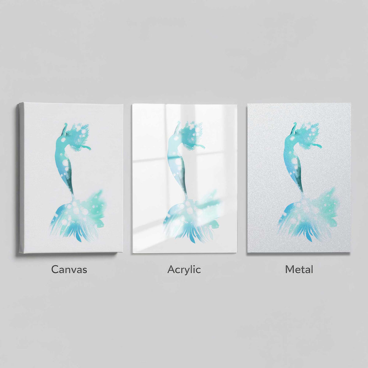 Side-by-side comparison of mermaid art on canvas, acrylic, and metal surfaces.