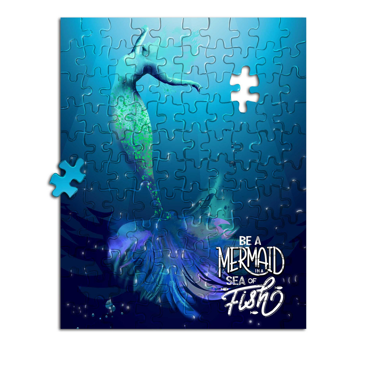 Fantasy mermaid art puzzle with turquoise ocean colors and inspirational typography