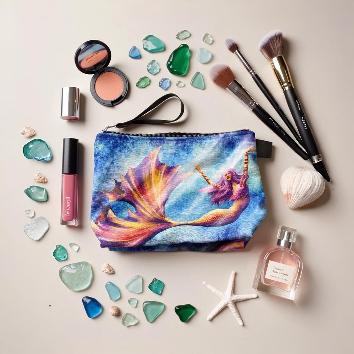 mermaid makeup bag flat lay with brushes seaglass and cosmetics