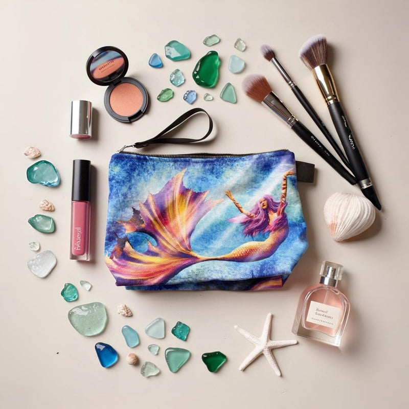 mermaid makeup bag flat lay with brushes seaglass and cosmetics