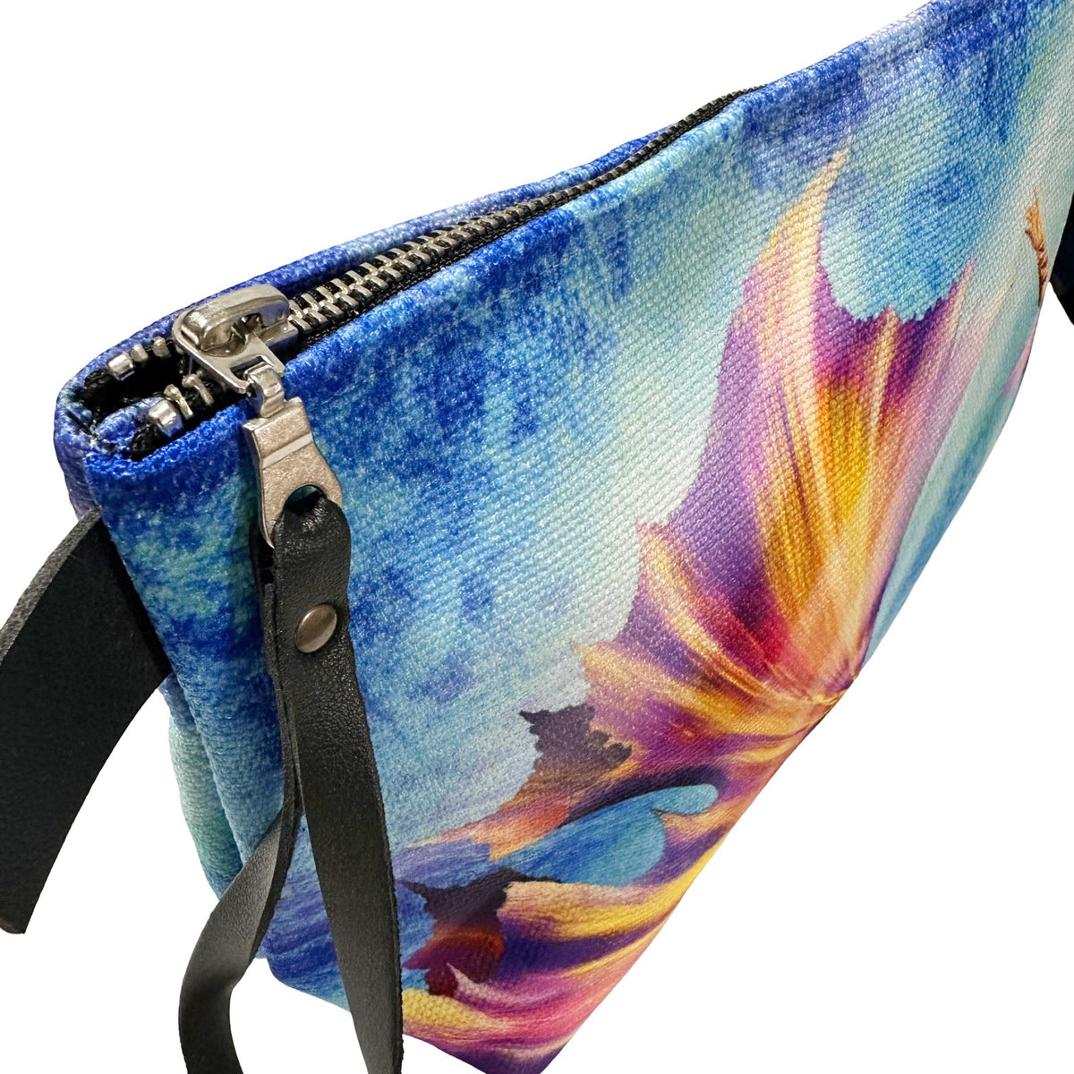 close-up of mermaid cosmetics bag zipper stitching and canvas texture